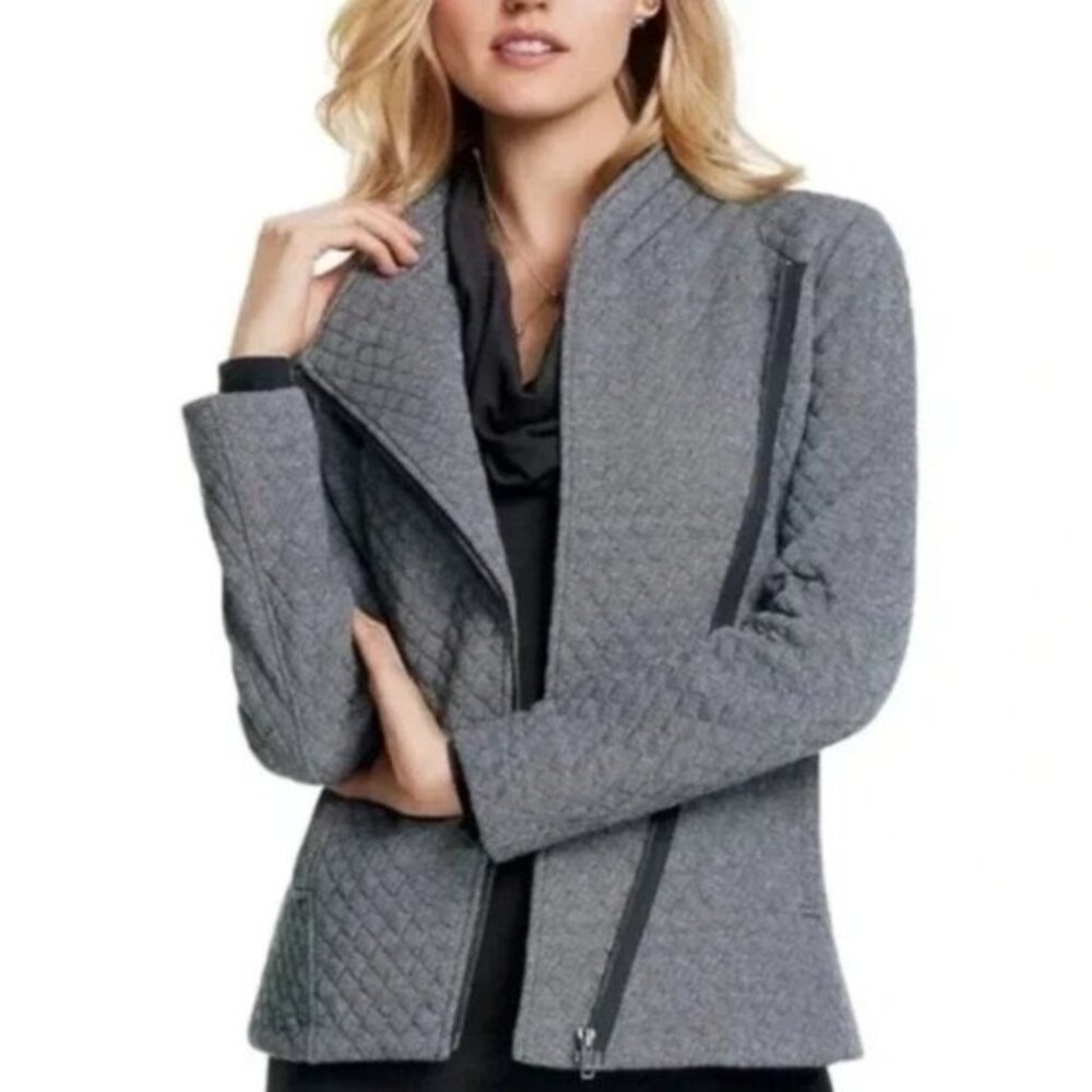 Cabi | Quilted Herringbone Asymmetrical Zip Up Jacket Gray Style #3025